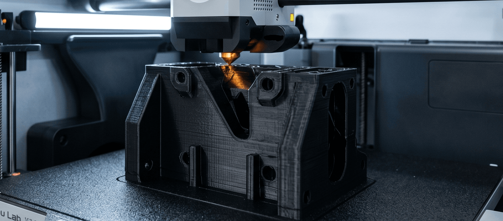 Bambu Lab 3D printer producing a precision FDM part